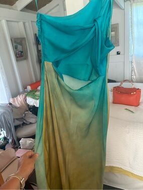 Zara Teal to Olive Ombre One-Shoulder Dress